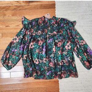 Cato Sheer Top 18/20W Multicolor Floral Smocked Ruffle Bohemian‎ Prairie Peasant